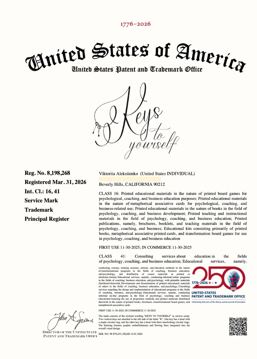 United States Patent and Trademark Office — Keys to yourself