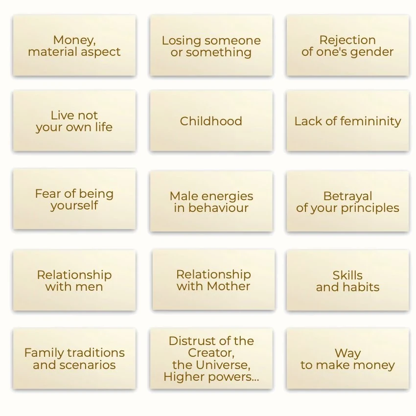 Metaphorical associative cards “Breakdowns of Feminine Energy” — sample cards, 1